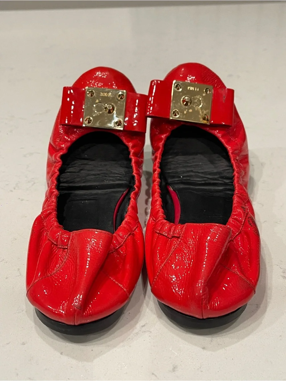 FENDI Red Leather Elastic Ballet Flats with Gold Accent 38